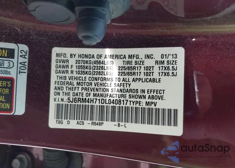 2013 Honda Cr-V Ex-L z USA, uszkodzony, nr VIN 5J6RM4H71DL040817